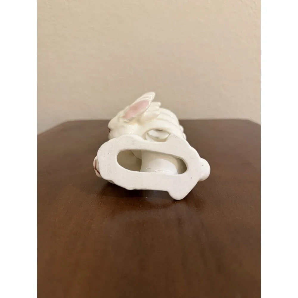 Vintage Ceramic Bunny Rabbit Napkin Rings Set of 4 White Pink Animal Theme